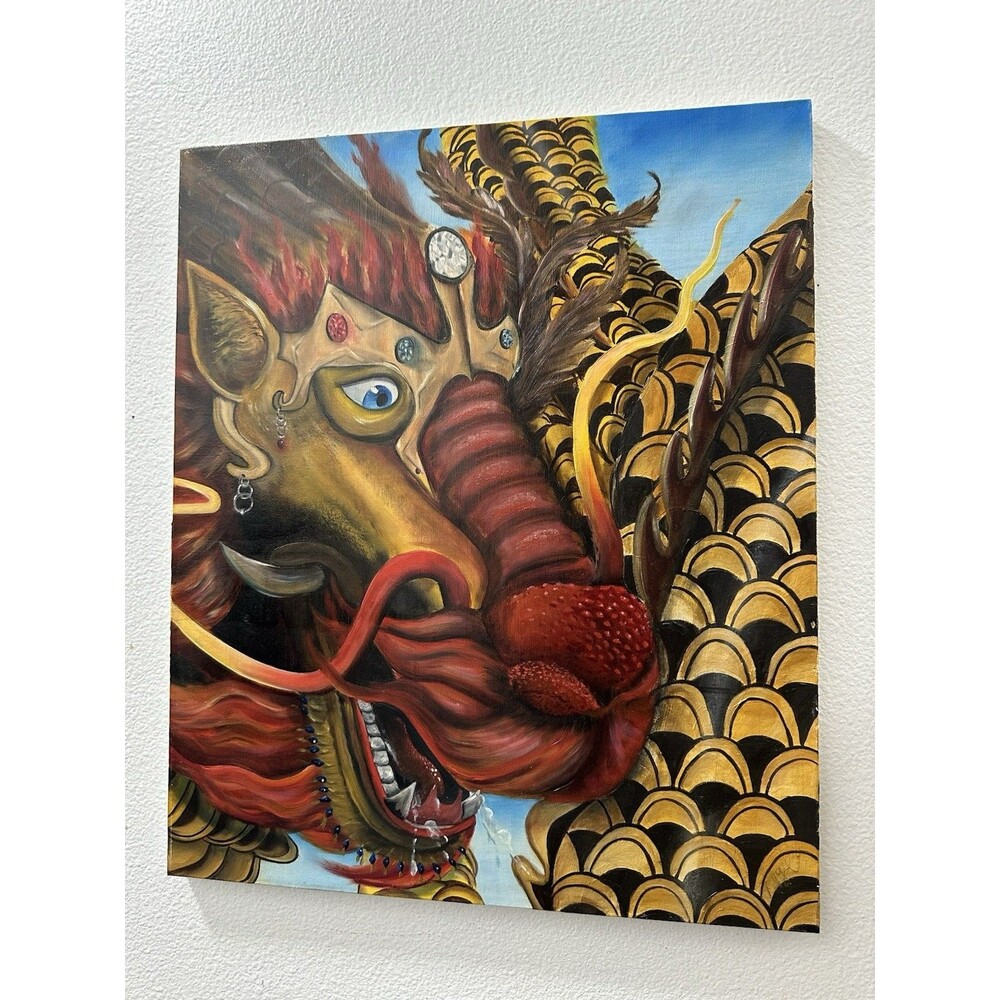 Original Oil Painting On Canvas Mythical Dragon Crown & Gems Vibrant Signed